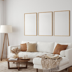 Eco Friendly interior style. living room. Frame mockup. Poster mockup. 3d rendering, 3d illustration
