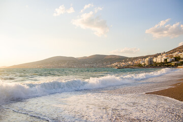 view of the beach at sunset