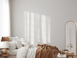 Sunny interior. Bedroom room. Wall mockup. Wall art. 3d rendering, 3d illustration