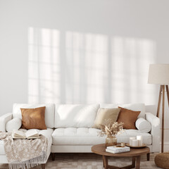 Fototapeta na wymiar Sunny interior. living room. Wall mockup. Wall art. 3d rendering, 3d illustration