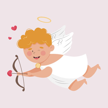 Winking baby Cupid shooting arrows from a bow. A symbol of love and Valentine's Day. Vector illustration of happy angel with wings shooting arrow from a bow with a heart on the arrowhead.