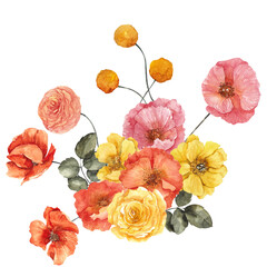 Watercolor bouquet with cactus and desert flowers, in boho style, isolated on white background