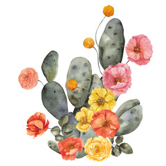 Watercolor bouquet with cactus and desert flowers, in boho style, isolated on white background © марина васильева