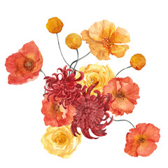 Watercolor bouquet with cactus and desert flowers, in boho style, isolated on white background © марина васильева