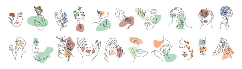 Modern abstract line minimalistic women faces arts set with different shapes for wall decoration, postcard or brochure cover design. Different woman faces. One line art. Vector illustrations design