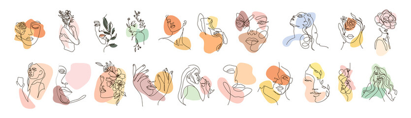 Modern abstract line minimalistic women faces arts set with different shapes for wall decoration, postcard or brochure cover design. Different woman faces. One line art. Vector illustrations design