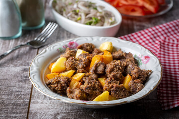 Liver pan (Albanian liver) Turkish traditional food. Liver over rice. (Turkish name; arnavut ciger)