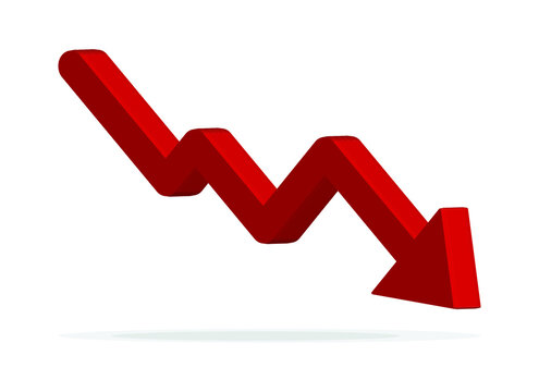 Red 3d arrow going down stock icon on white background. Bankruptcy, financial market crash icon for your web site design, logo, app, UI. graph chart downtrend symbol.chart going down sign.