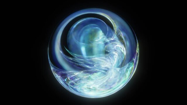 Magic blue glowing sphere energy with particle lights motion graphic. Abstract blue glow light energy, plasma ball effect on black background. 4K seamless loop. 