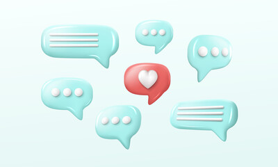 Speech, dialog bubbles, heart button, like, communication. Vector 3d set with message symbols.