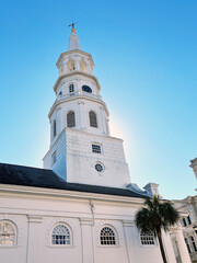Fototapeta na wymiar Steeple detail of St. Michael's Episcopal Church in historic Charleston, South Carolina.