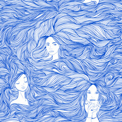 Seamless pattern of three young women faces and abstract flowing lines  representing long hair. Monochrom vector illustration.  - 481906328
