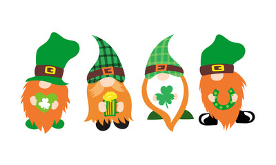 Vector illustration of St. Patrick’s Day Gnomes, Irish Gnomes Vector Holding Clovers, Shamrock