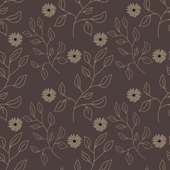 Seamless background with leave and flower doodles, brown background. Luxury pattern for creating textiles, scrapbook, wallpaper, paper. Vintage. Romantic floral Illustration