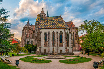 Fototapeta na wymiar Scenic view of Freedom square with fountain, Michael chapel and St. Elisabeth cathedral in Kosice, Slovakia