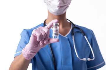 Obraz premium doctor holding vial. Vaccine. Mask face. Stay home. 
