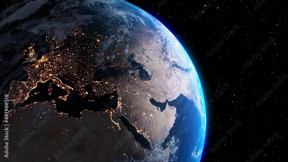 Wall mural planet earth with realistic geography surface and orbital 3d cloud atmosphere . outer space view of 