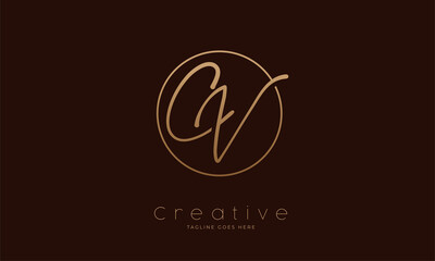Initial CV Logo. hand drawn letter CV in circle with gold colour. usable for business. personal and company logos. vector illustration
