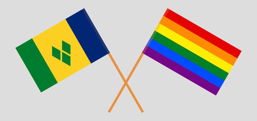 Crossed flags of Saint Vincent and the Grenadines and LGBTQ. Official colors. Correct proportion