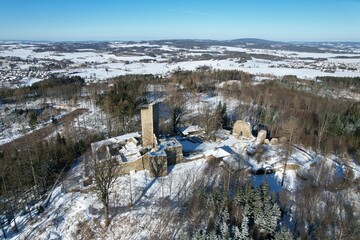 historical old castle ruins Orlik by Humpolec city aerial panorama view hrad Orlík  - obrazy, fototapety, plakaty