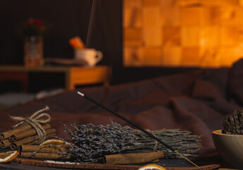Smoke from cinnamon and lavender incense stick