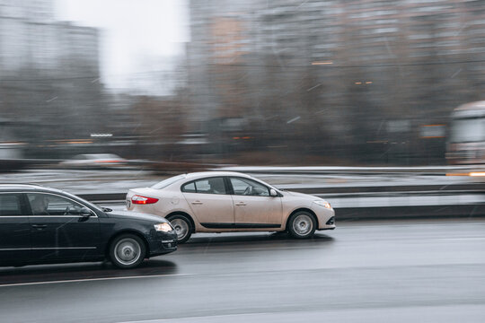 Ukraine, Kyiv - 15 January 2022: White Renault Fluence car moving on the street. Editorial