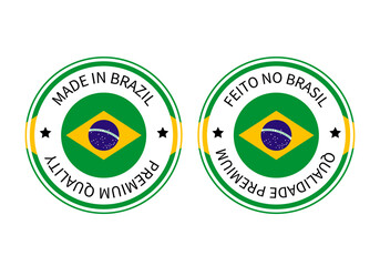 Made in Brazil labels round  in English and in Portuguese languages. Quality mark vector icon. Perfect for logo design, tags, badges, stickers, emblem, product package