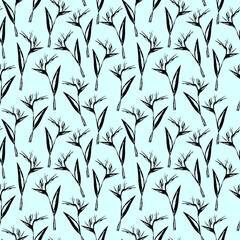 Seamless hand drawn strelitzia flower pattern. Vector strelitzia pattern isolated on light blue background. Design for textile, wallpapers, greeting cards, home decoration, invitation cards.