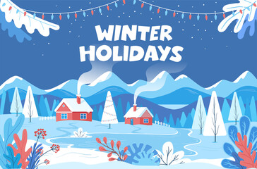 Winter color village and mountains landscape flat vector illustration