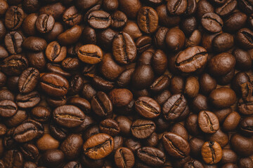 Coffee beans roasted full frame background Close up macro dark brown