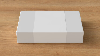 Flat box mock up with blank paper cover label: White gift box on wooden background.