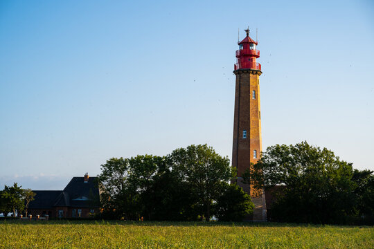 The beautiful Lighthouse Of Fl&uuml;gge On The Isle Of Fehmarn at the Baltic Sea in Germany. Summer in Germany.