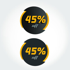 Label 45% off in circle with black and yellow tips, modern style and letters and numbers with and without shadows