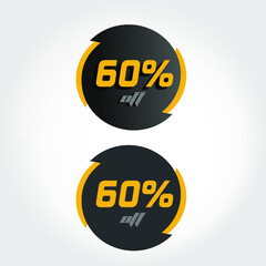 Label 60% off in circle with black and yellow tips, modern style and letters and numbers with and without shadows