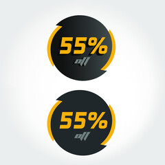 Label 55% off in circle with black and yellow tips, modern style and letters and numbers with and without shadows