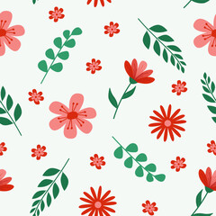 Floral seamless pattern. Spring pattern with red flowers and green leaves