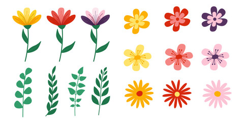 Floral set. Different flowers in red, purple and yellow colors and green leaves.