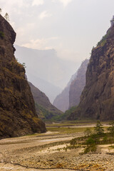 Mountain gorge in the Manaslu region in the Himalayan mountains