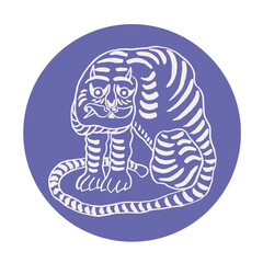 Tiger. Vector drawing. Sketch, brush, ink. Doodle, calligraphy. Mascot of the Year 2022 Asia New Year Sticker Circle Very Peri.
