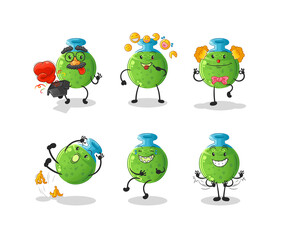 chemical tube comedy set character. cartoon mascot vector