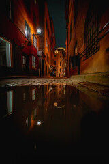 Pretty Night Lights Reflecting in Puddle on Cobblestone Street