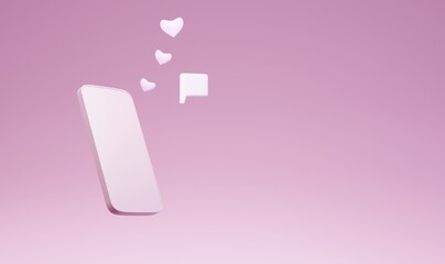 3D rendering smartphone mock up on pink background with hearts buttons,and message icon