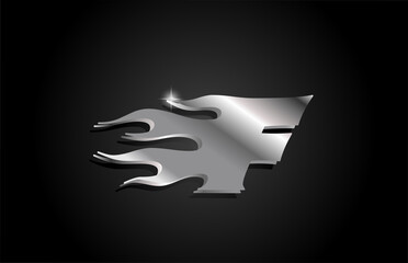 metal grey alphabet letter F icon logo design. Creative template for business with metallic style and flames