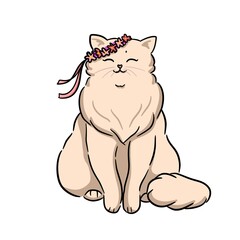 Isolated smiling sitting beautiful cat character drawing with flower wreath for clipart, icon, decoration, sticker