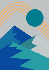 Abstract landscape illustrations. Mountains, sun, moon, sunset, desert, hills minimalist design. Trendy mid century art, boho home decor, wall art.