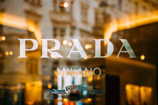 Prague, Czech Republic - September 22, 2017: Close View Of Logo Logotype Sign Of Prada On Window Of Store. Prada Is Italian Luxury Fashion House Founded In 1913 By Mario Prada.