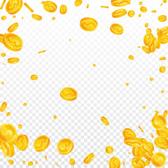 American dollar coins falling. Extraordinary scattered USD coins. USA money. Precious jackpot, wealth or success concept. Vector illustration.