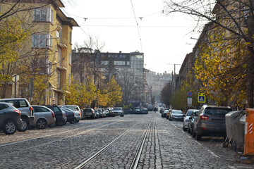 Driving on a stone paved road in Sofia, the capital of Bulgaria.