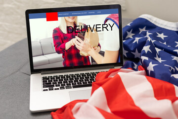 Box and USA America flag, Import Export Shopping online or eCommerce finance delivery service store product shipping, trade, supplier concept.