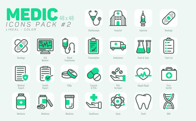 25 Outline Medic Icons Pack #2, Vector Medical Icons Set Color Style